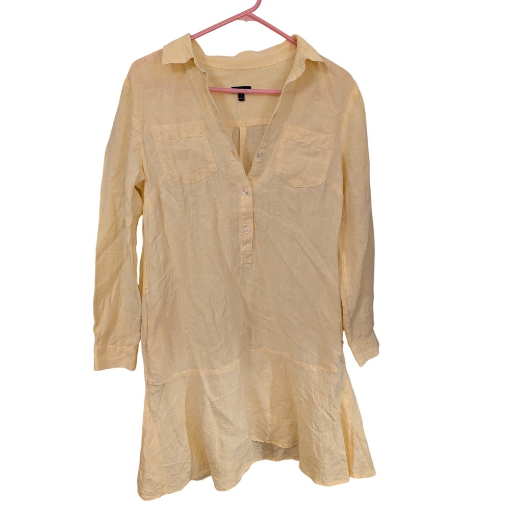 Talbots Yellow 100% Linen Drop Waist Ruffle Hem Shirt Dress Small